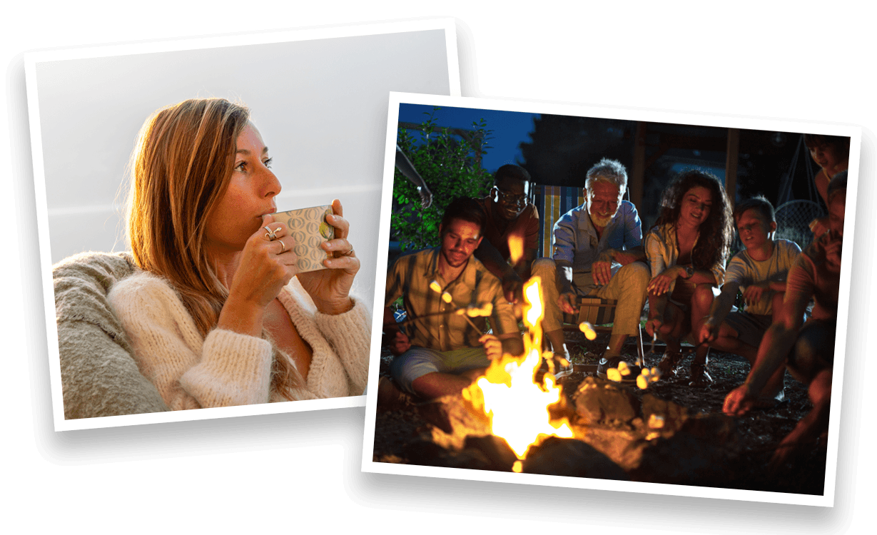 Woman with coffee cup and group around campfire